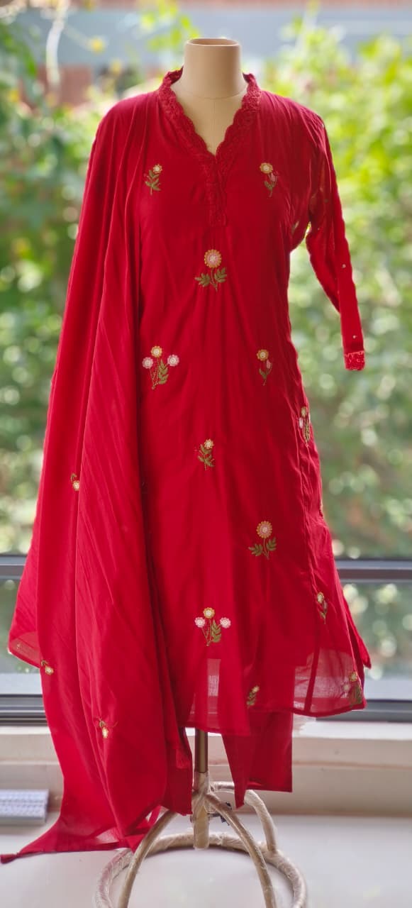 Premium Cotton Fabric Full Suit with Intricate Thread Embroidery, Floral Lace Neck Design & Matching Bottom and Dupatta-12174,12172,12175,12173 Dispatching From Monday