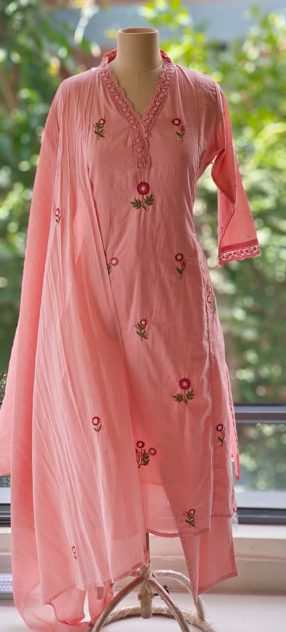 Premium Cotton Fabric Full Suit with Intricate Thread Embroidery, Floral Lace Neck Design & Matching Bottom and Dupatta-12174,12172,12175,12173 Dispatching From Monday