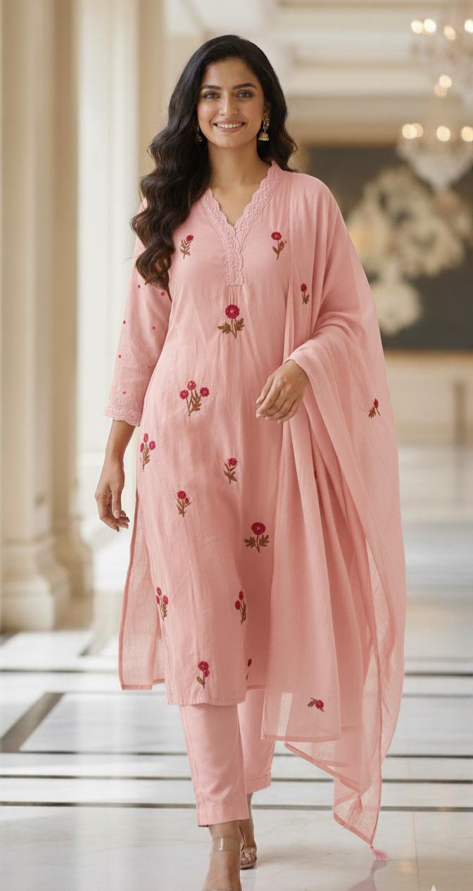 Premium Cotton Fabric Full Suit with Intricate Thread Embroidery, Floral Lace Neck Design & Matching Bottom and Dupatta-12174,12172,12175,12173 Dispatching From Monday