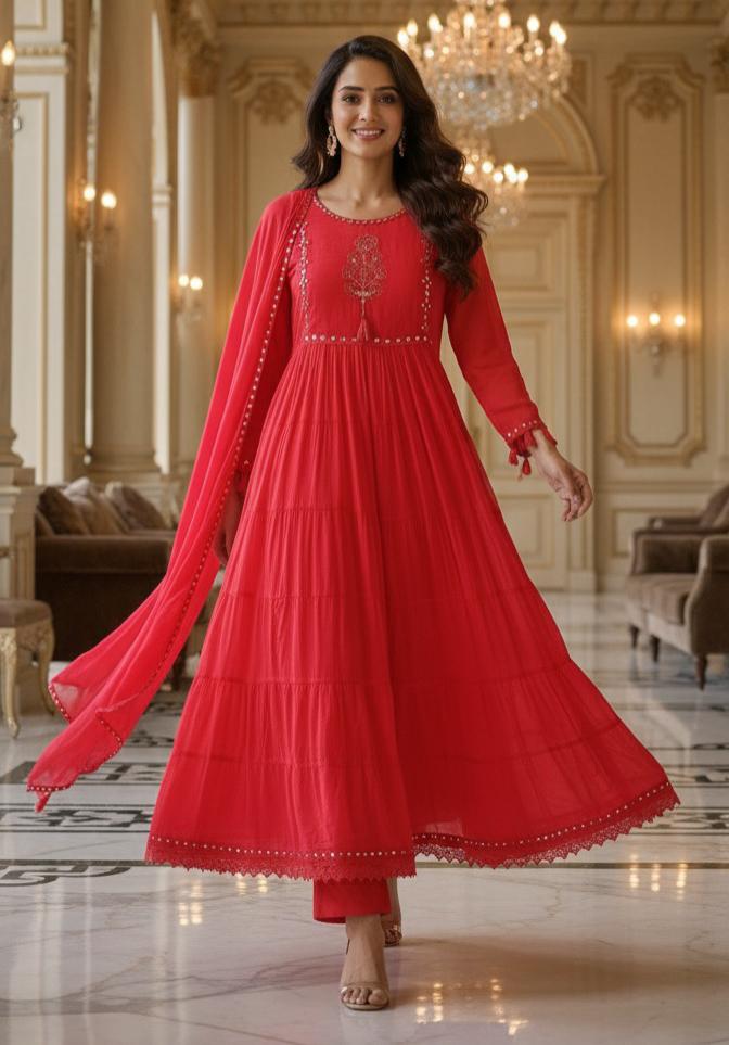 Foil Mirror Mal Cotton Embroidered Frill Anarkali Style Full Suit Set With Dupatta-12176,12177