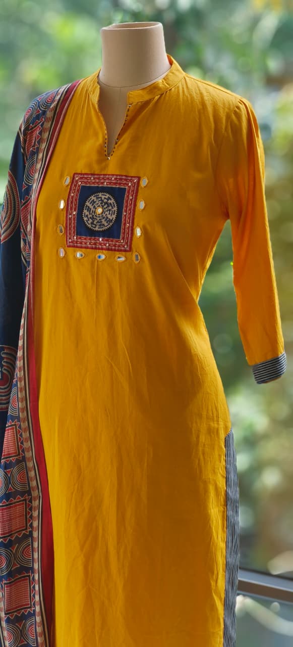 Beautiful Yoke Solid Kurta Cotton With Bottom And Printed Dupatta full set-12199