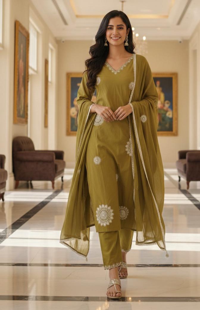 Embroidered Neck Foil Mirror Work Mall Cotton Pure Full Suit Set-12181