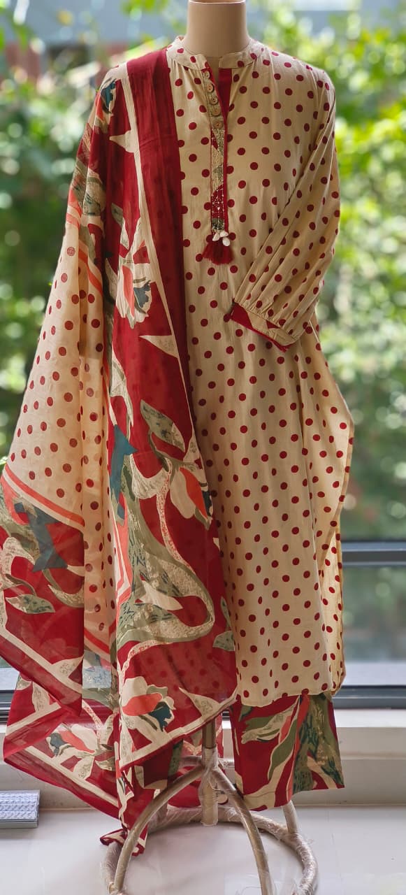 Pure Cotton Polka Dot Cotton Kurta With Floral Print Bottom And Dupatta  Full Set-1219