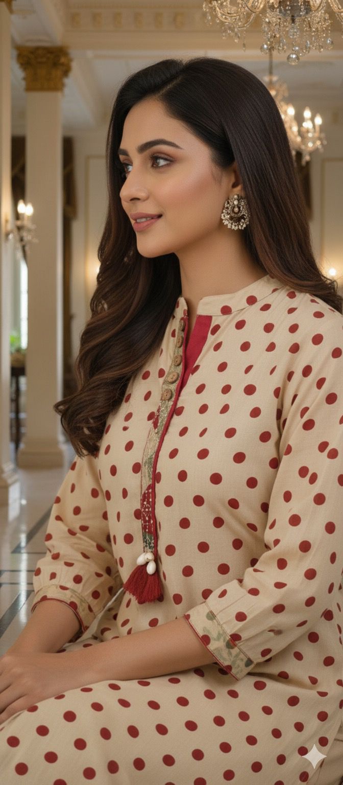 Pure Cotton Polka Dot Cotton Kurta With Floral Print Bottom And Dupatta  Full Set-1219