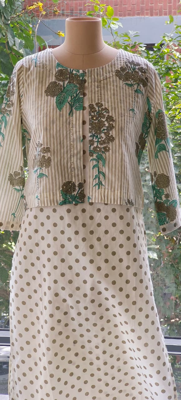 Polka Dot Cotton Kurta Pant Set with Stripe Short Jacket-12190,12189 Dispatching From Monday