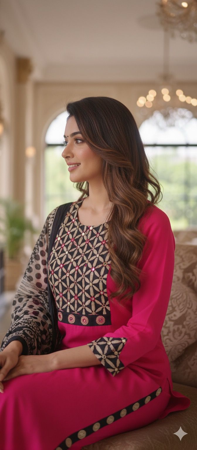 Foil Mirror Beautiful Yoke Pink With Black Contrast Cotton Full Suit Set-12198