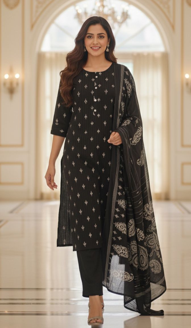 Black Printex Cotton Full Suit With Printed Dupatta-12202