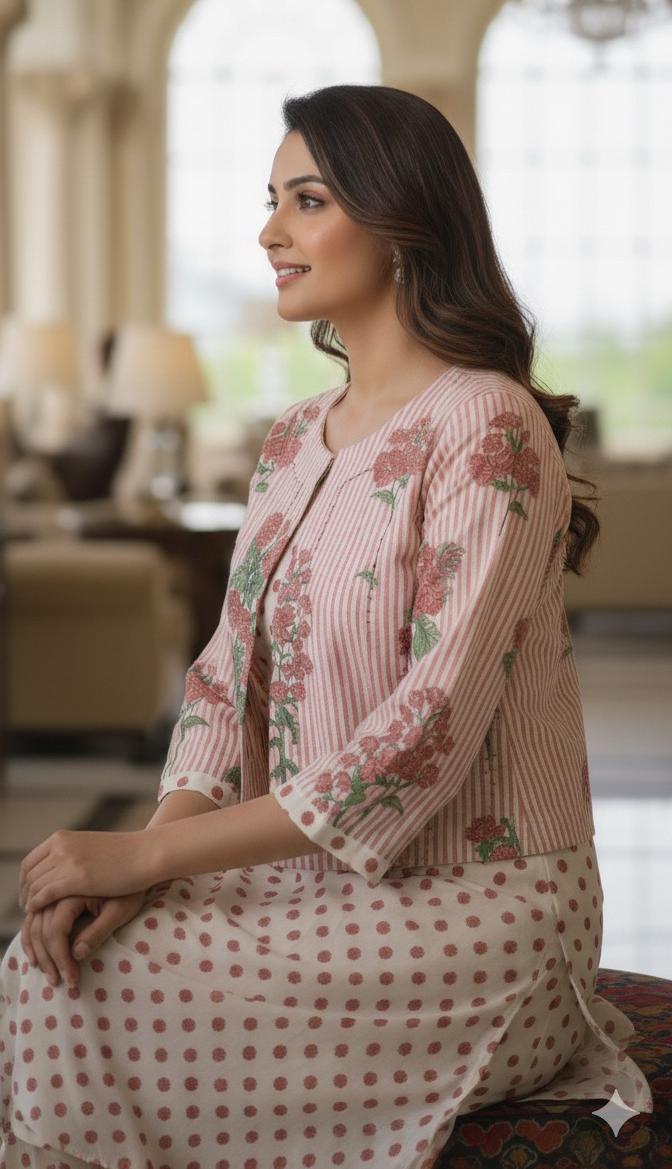 Polka Dot Cotton Kurta Pant Set with Stripe Short Jacket-12190,12189 Dispatching From Monday