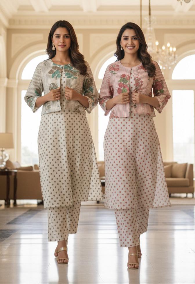 Polka Dot Cotton Kurta Pant Set with Stripe Short Jacket-12190,12189 Dispatching From Monday