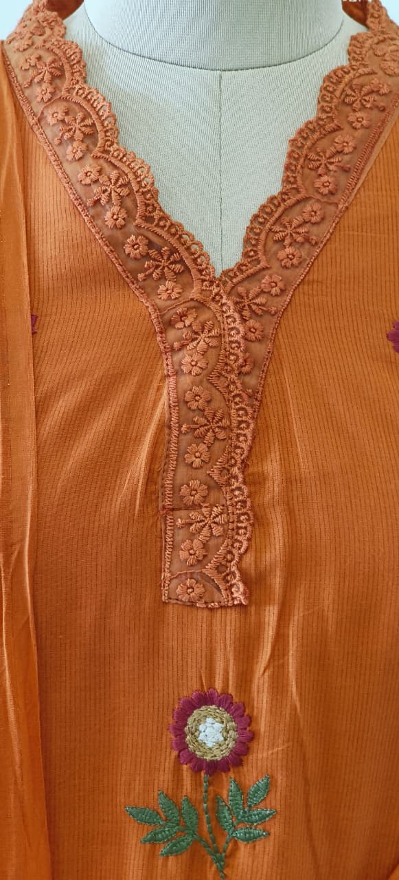 Premium Cotton Fabric Full Suit with Intricate Thread Embroidery, Floral Lace Neck Design & Matching Bottom and Dupatta-12174,12172,12175,12173 Dispatching From Monday