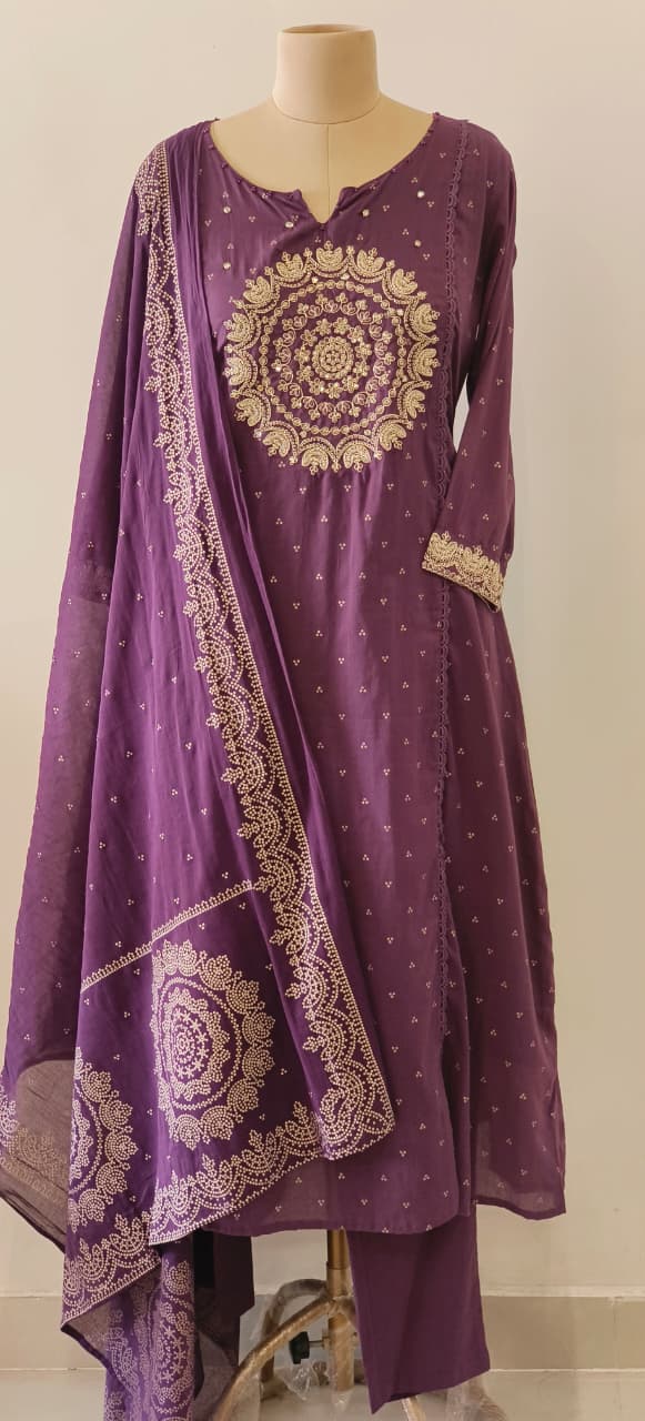 Pure Mull Cotton Full Suit Set with Heavy Golden Thread and Mirror Embroidery Work-12171,12169,12168,12170