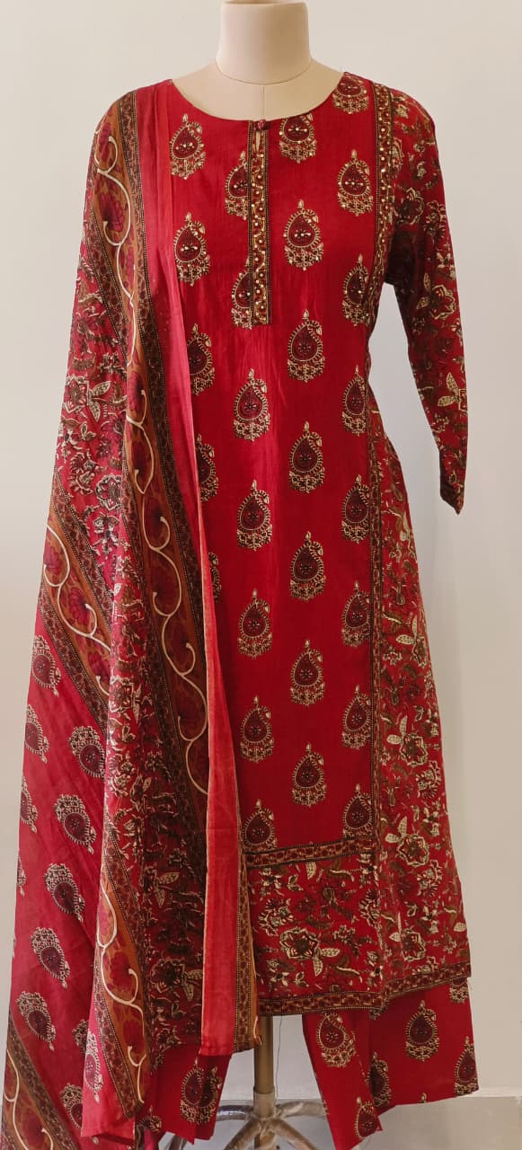 Pure Cotton Printed Suit Set with Intricate  Floral and Paisley Hand block Design Full Suit-12197