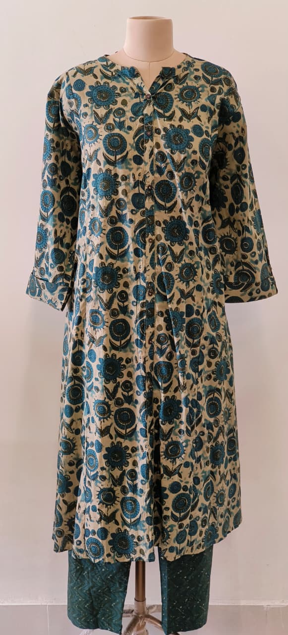 Manderian Collar Floral print Cotton A Line Kurta Pant Set-12186,12185 Dispatching From Monday