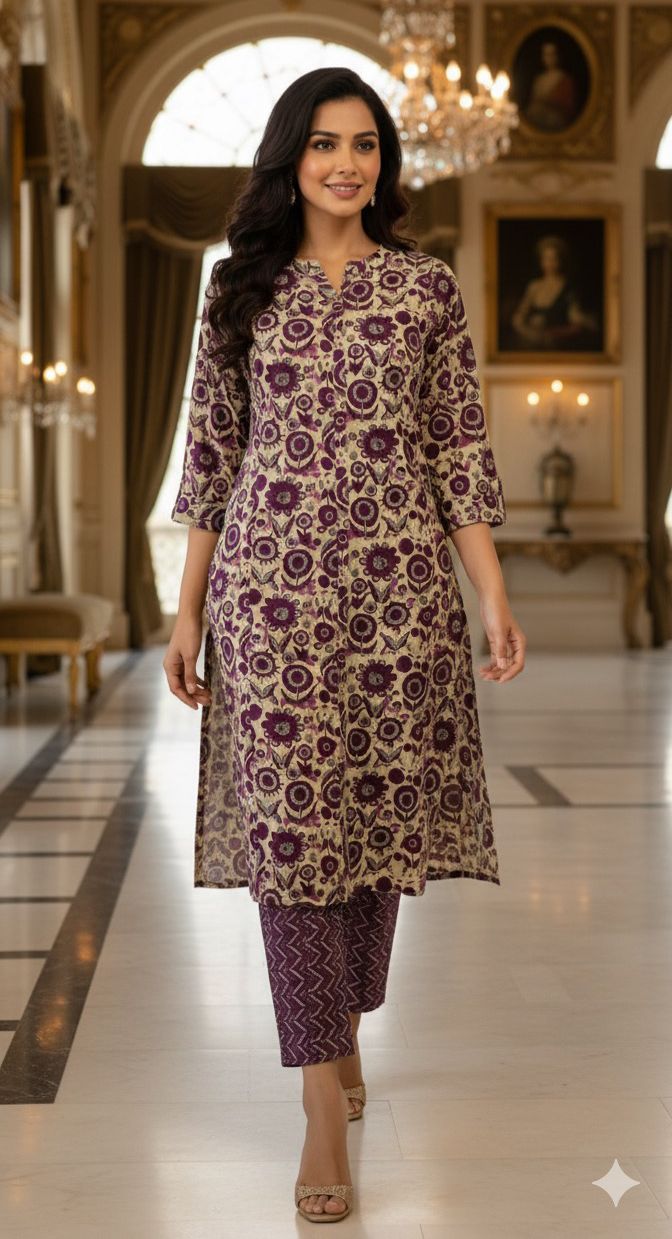 Manderian Collar Floral print Cotton A Line Kurta Pant Set-12186,12185 Dispatching From Monday