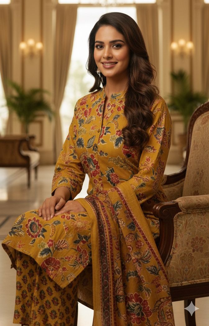 Multi Color Floral Printed Pure Cotton Casual Kurta Pant And Dupatta Full Set-12196