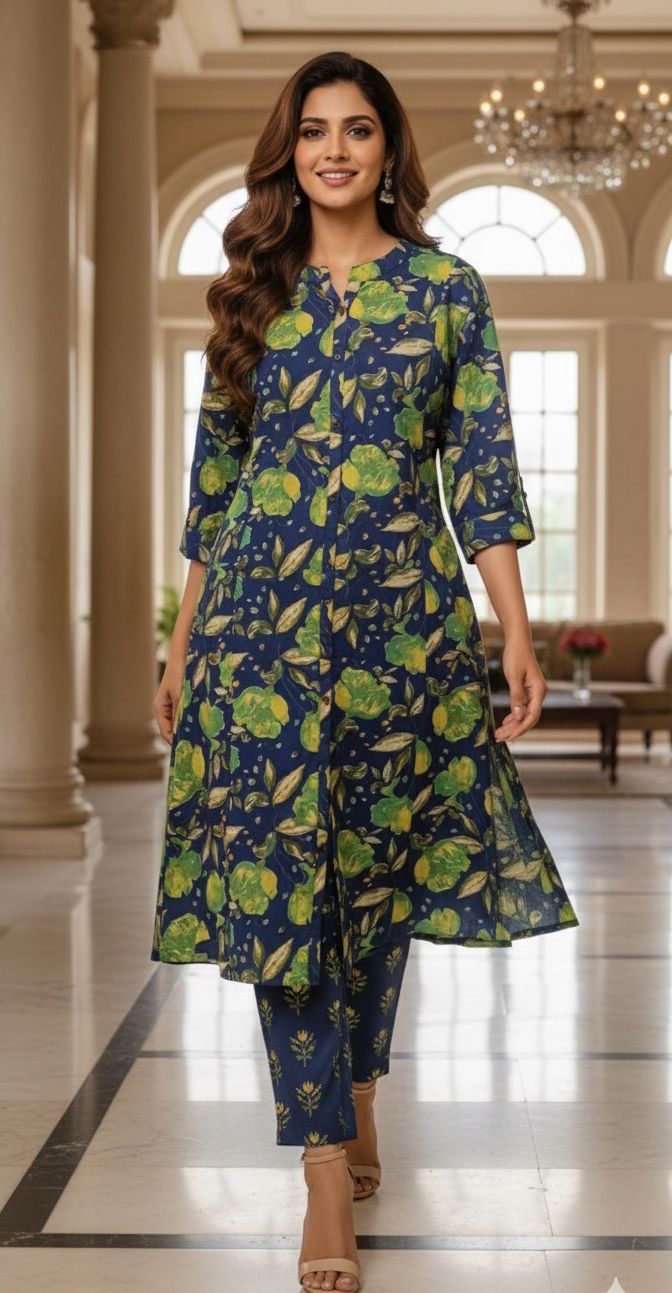 Blue Green Printed Pure Cotton Floral Print Aline Kurta Pant-12184 Dispatching From Monday