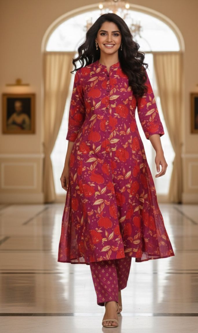 Printed Cotton Floral Print A line Kurta Pant-12183 Dispatching From Monday