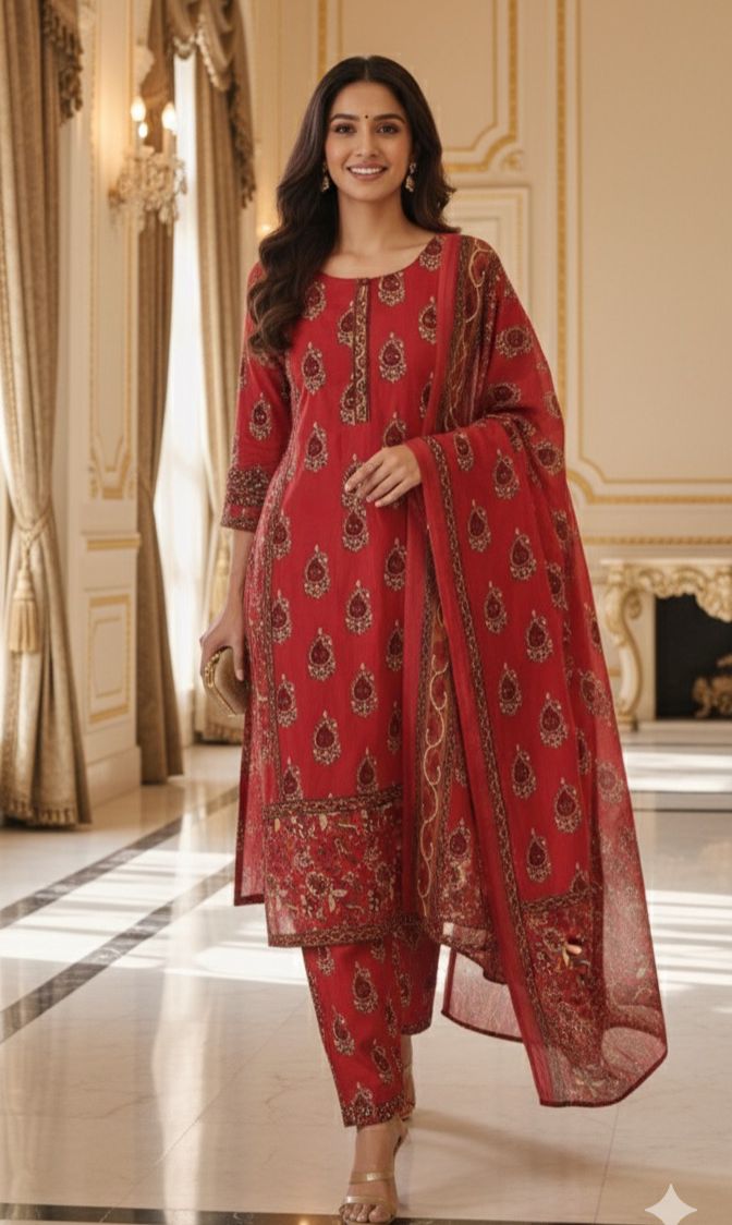 Pure Cotton Printed Suit Set with Intricate  Floral and Paisley Hand block Design Full Suit-12197