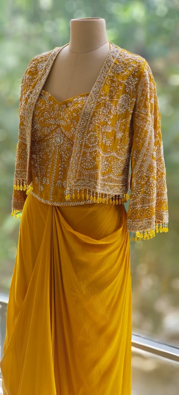 Elegant Mustard Indo-Western Co-ord Set with Sequined Jacket and Drape Skirt