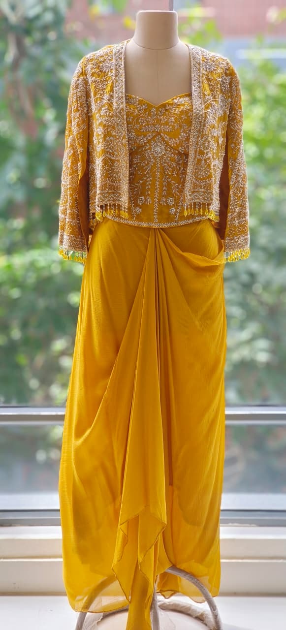 Elegant Mustard Indo-Western Co-ord Set with Sequined Jacket and Drape Skirt