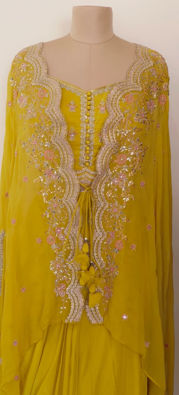 Chic Indo-Fusion Yellow Dhoti Set with Floral Embroidered Overlay Jacket