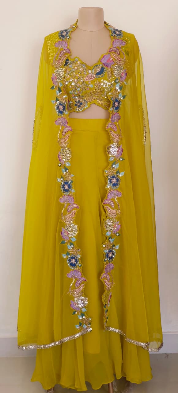 Designer Lime Yellow Indo-Western Crop top With Palazzo And Shrug Style Set with Hand Embroidered
