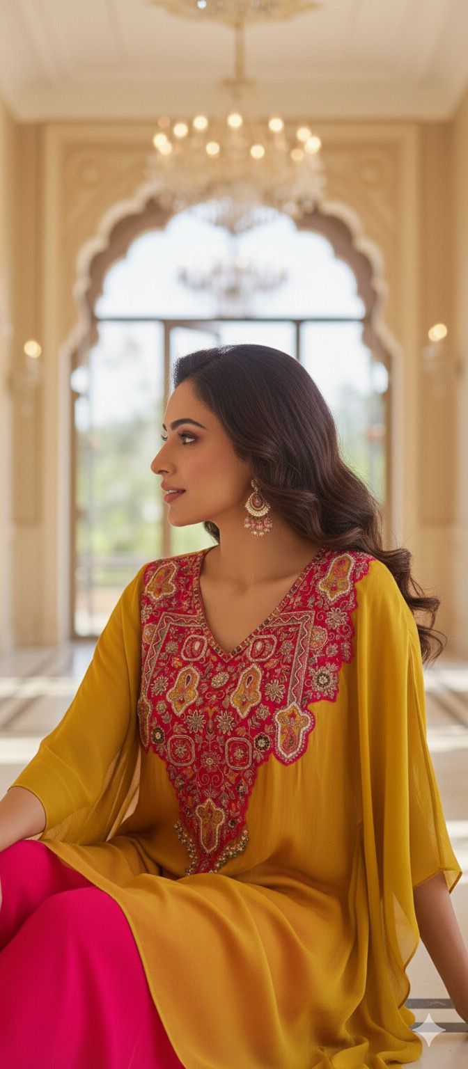 Contemporary Mustard Overlay Hi Low Kurta with Hot Pink Layered Palazzo Set And Inner