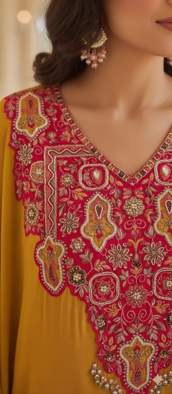 Contemporary Mustard Overlay Hi Low Kurta with Hot Pink Layered Palazzo Set And Inner