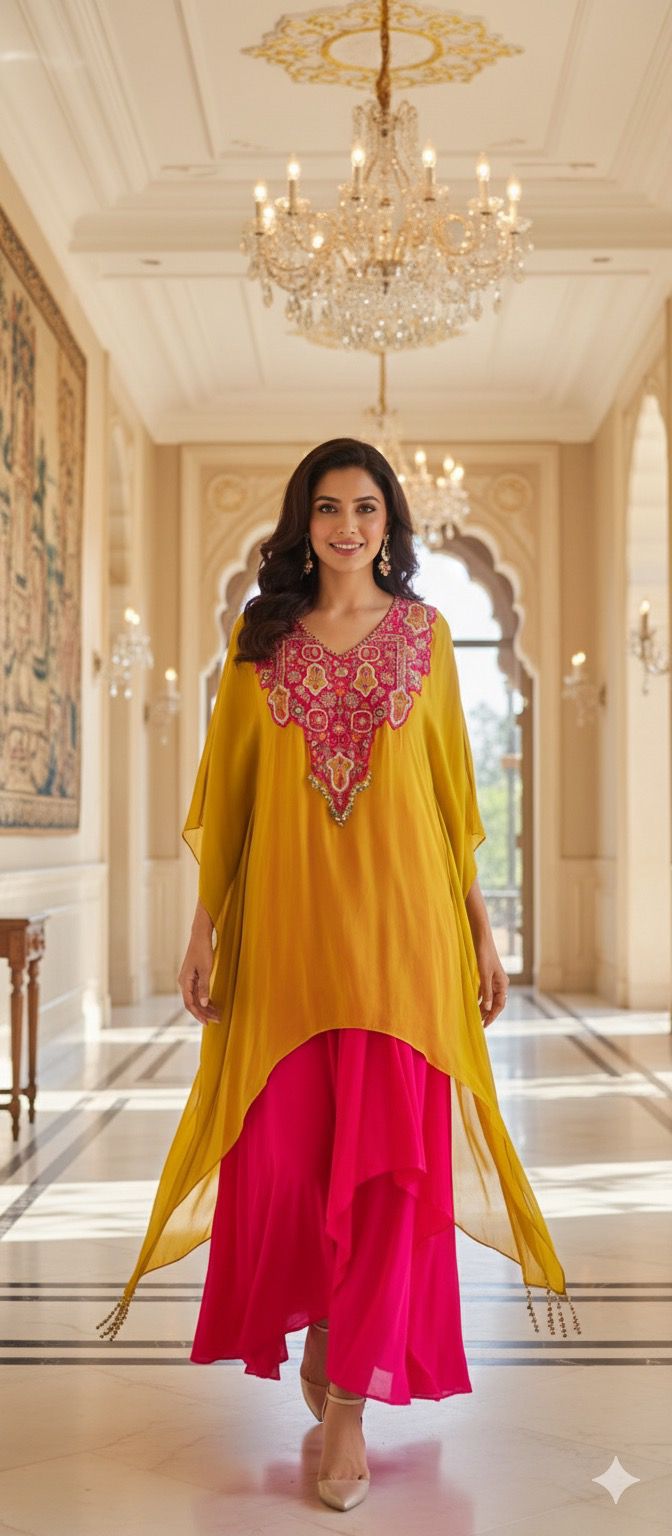 Contemporary Mustard Overlay Hi Low Kurta with Hot Pink Layered Palazzo Set And Inner
