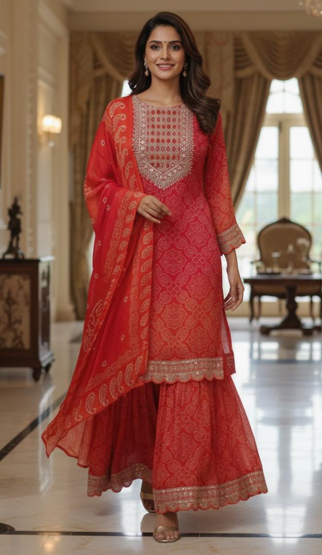 Chinon Bandhani Print Tara Zari Thread Embroidered Full Set-07176