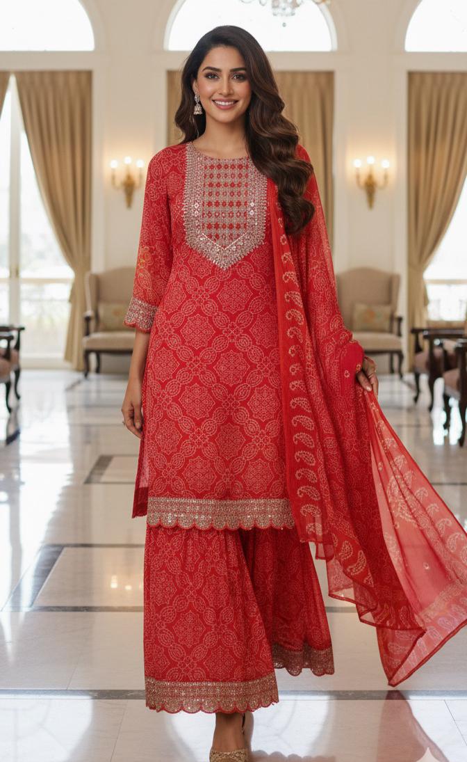 Chinon Bandhani Print Tara Zari Thread Embroidered Full Set-07176