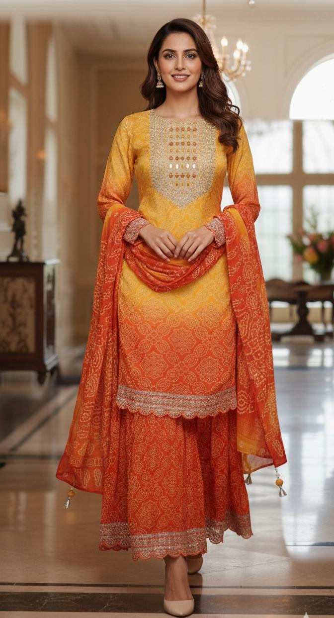 Chinon Bandhani Print Tara Zari Thread Embroidered Full Set-07176