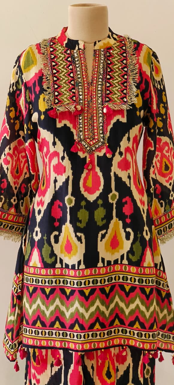 Ikkat Print Hi Low Printed Silk Fabric Cord set