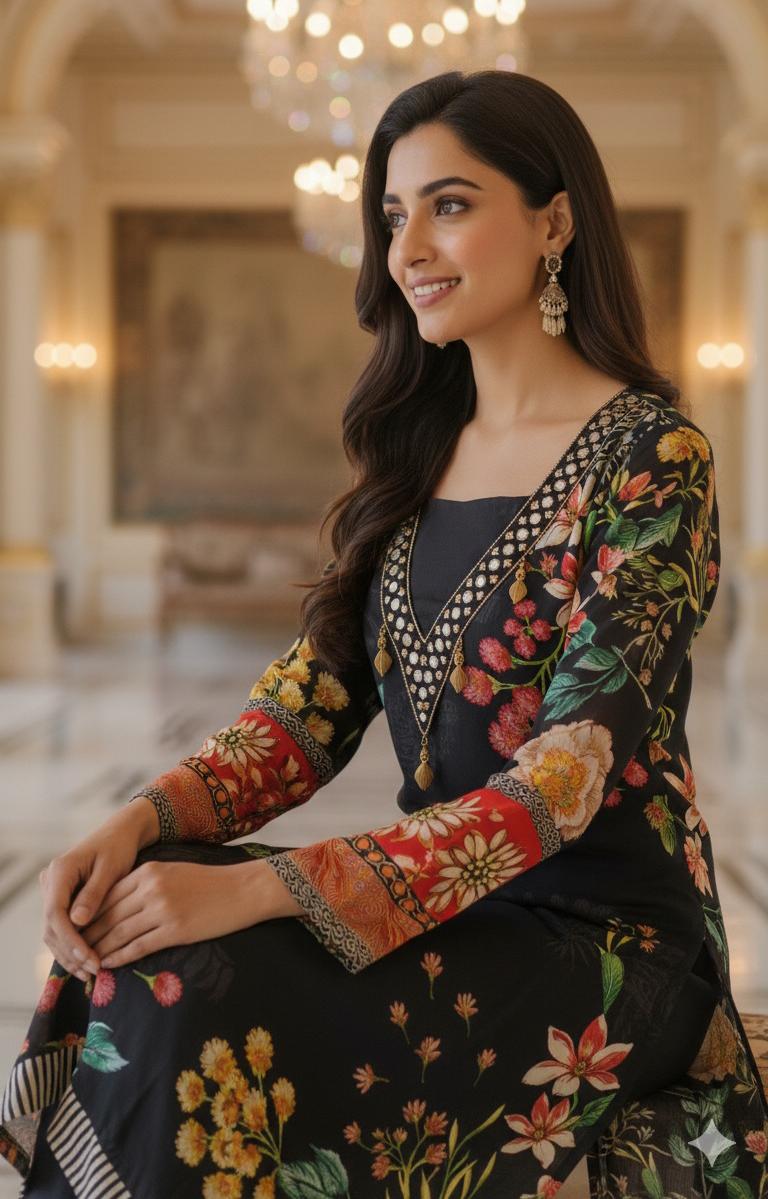 Bright Floral Pure Crepe Cordset with Busters-12217