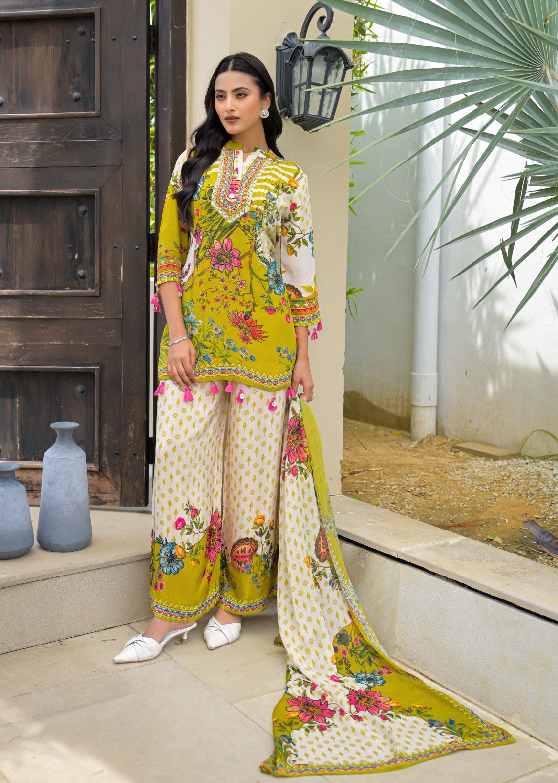 Designer Green Floral Print Kurta with White Wide-Leg Palazzo Pants and Chinnon Dupatta-12219