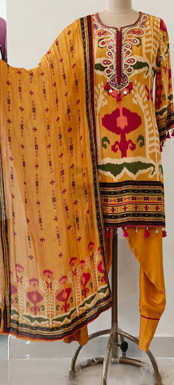 Mustard Ikat Print Crepe Kurta Set with Hand Embroidered Mirror Work Neckline Tassel Detailing With Farsi Salwar-12224