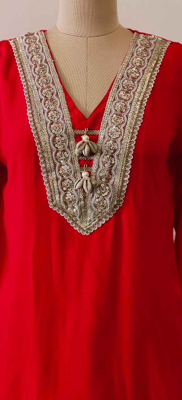 Indo-Western Kurta Set with Golden Gota Lace, V-Neck Embroidery and Handcrafted Cowrie Shell Detailing-12255