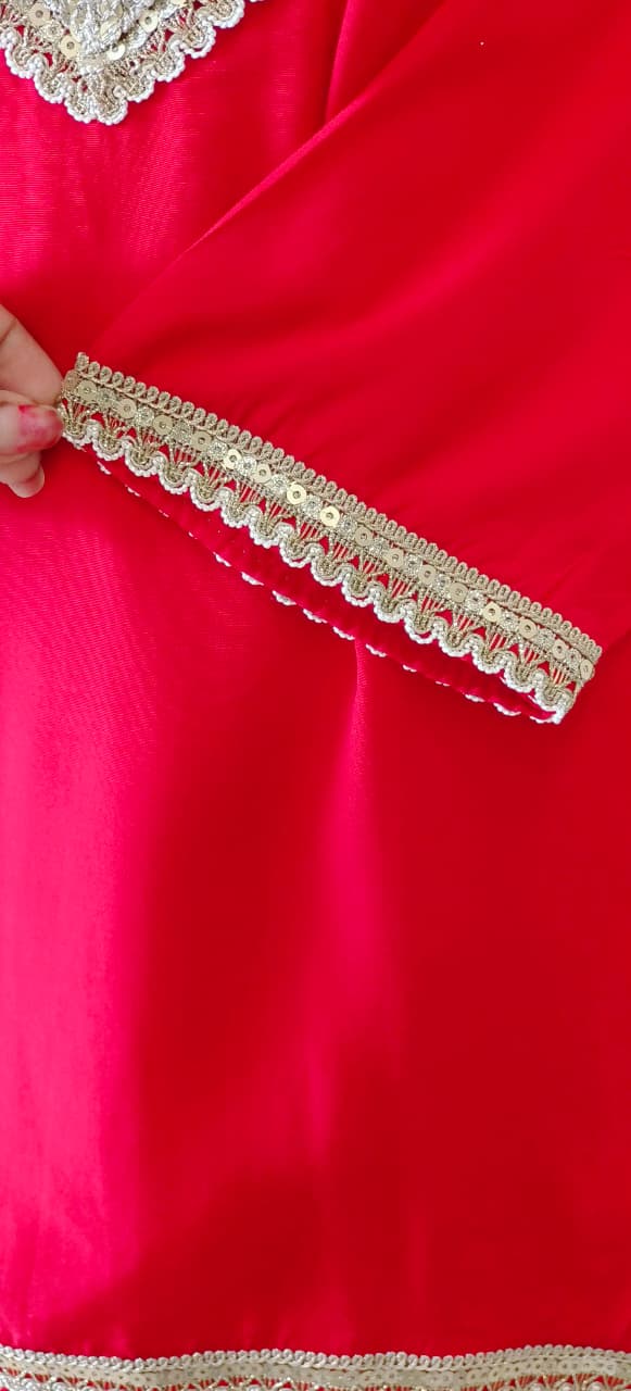 Indo-Western Kurta Set with Golden Gota Lace, V-Neck Embroidery and Handcrafted Cowrie Shell Detailing-12255