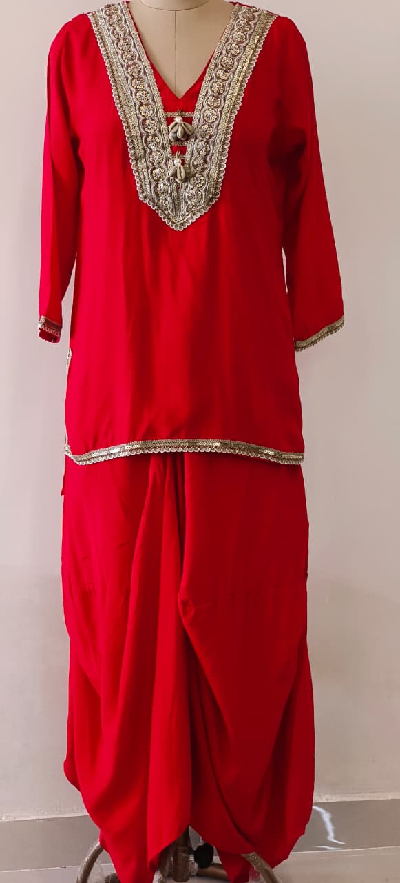 Indo-Western Kurta Set with Golden Gota Lace, V-Neck Embroidery and Handcrafted Cowrie Shell Detailing-12255