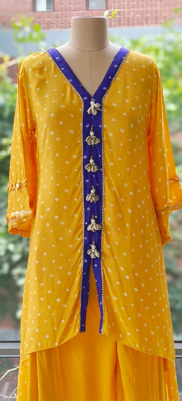 Bandhej High-Low Kurta with Flare Bottom Yellow Placket and Handcrafted Cowrie Shell Tassels-12256,12257