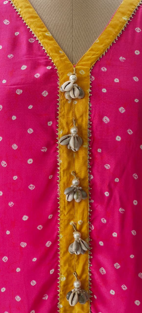 Bandhej High-Low Kurta with Flare Bottom Yellow Placket and Handcrafted Cowrie Shell Tassels-12256,12257