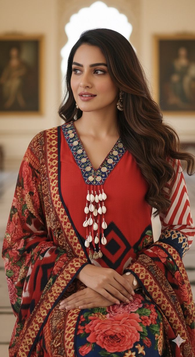 Vibrant Red & Blue Crepe Indo-Western Kurta with Bold Geometric and Floral Print, Pearl Tassel Detailing & Designer Neck Embroidery In Crepe Fabric-12236