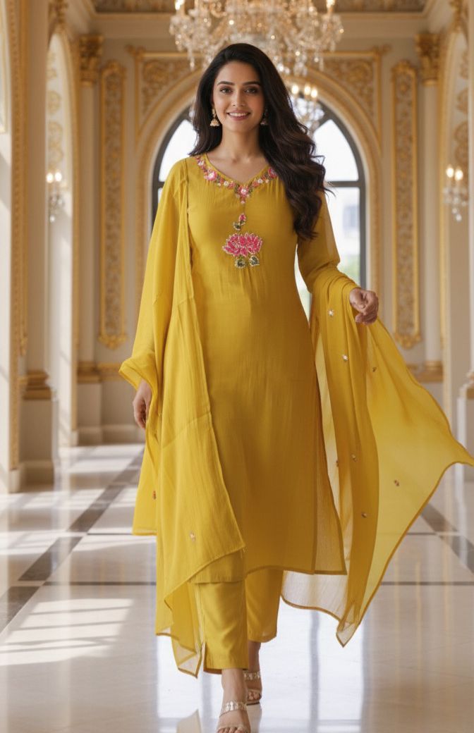 Elegant Surat Mul Chanderi Thread Embroidery Kurta with Pink Floral Detailing-12267