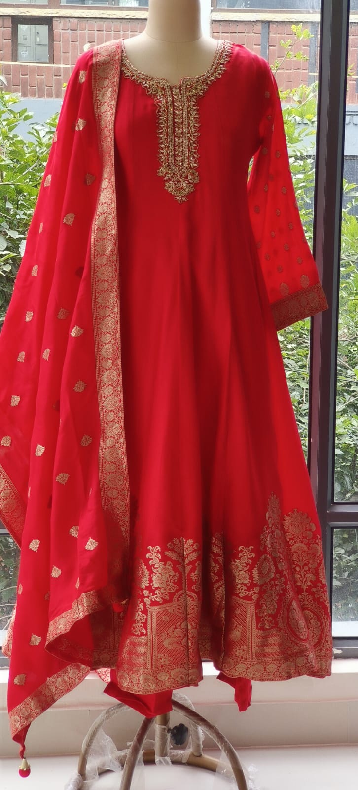 Designer Silk Panel Anarkali Gown with Brocade Detailing and Golden Embroidery Full Suit Set-10904,12274,12273