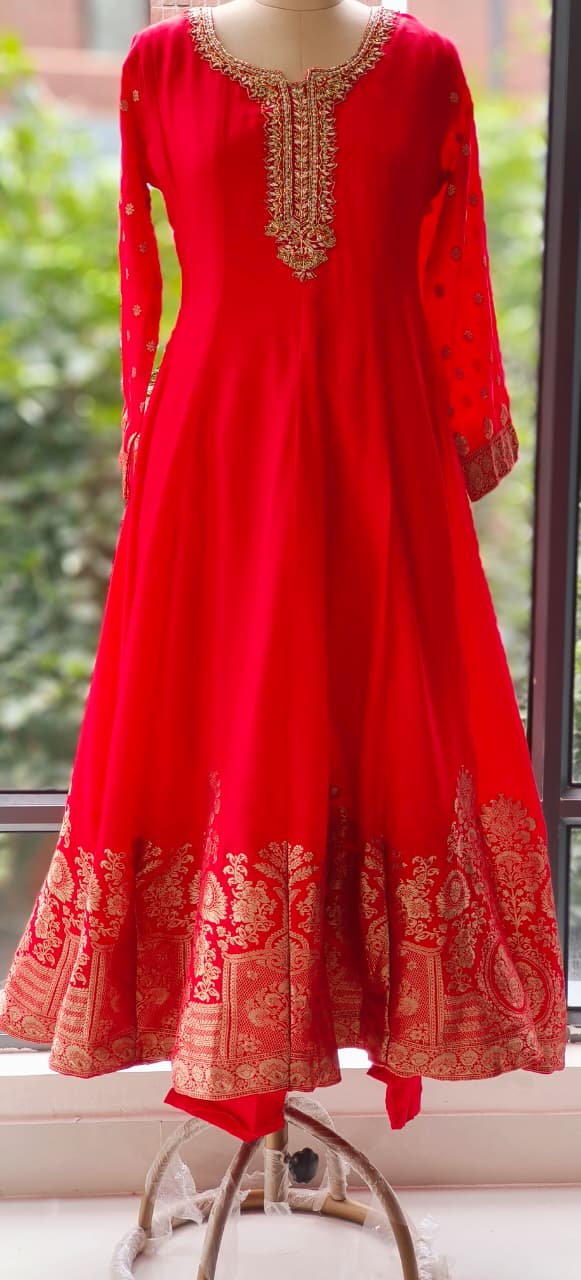 Designer Silk Panel Anarkali Gown with Brocade Detailing and Golden Embroidery Full Suit Set-10904,12274,12273