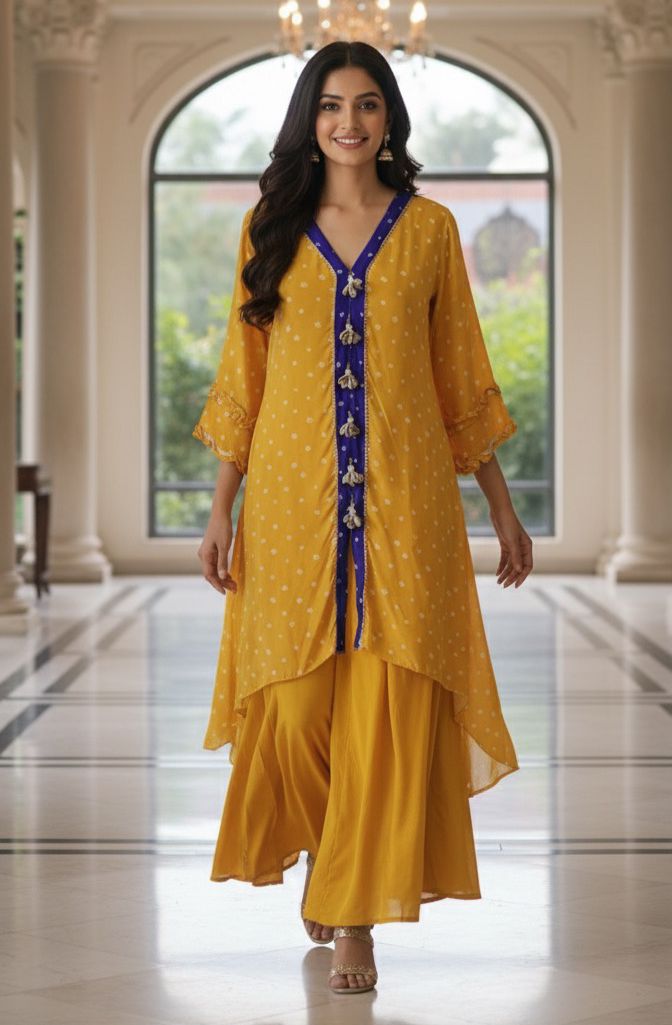 Bandhej High-Low Kurta with Flare Bottom Yellow Placket and Handcrafted Cowrie Shell Tassels-12256,12257