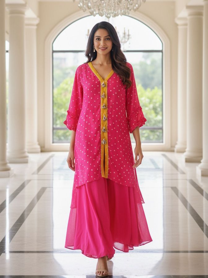 Bandhej High-Low Kurta with Flare Bottom Yellow Placket and Handcrafted Cowrie Shell Tassels-12256,12257