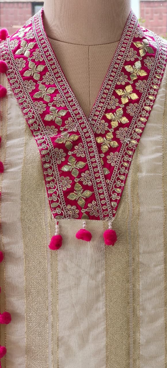 Luxury Pure Silk Cream Suit Set with Intricate Pink Thread Embroidery Pompom Detailed Dupatta-12268