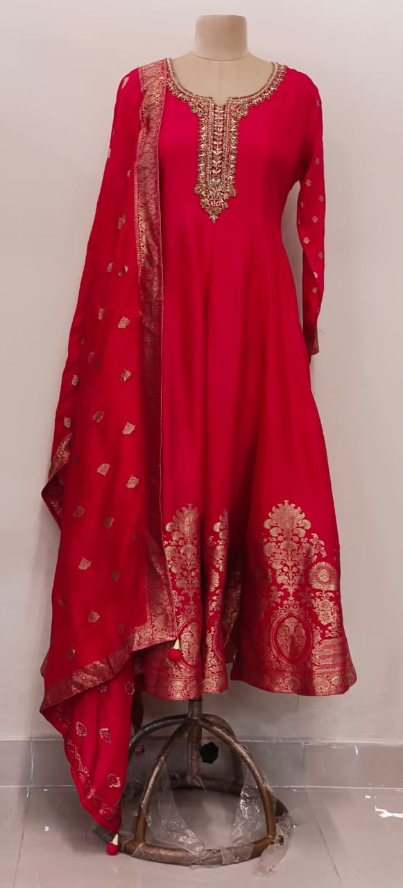 Designer Silk Panel Anarkali Gown with Brocade Detailing and Golden Embroidery Full Suit Set-10904,12274,12273