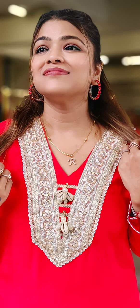 Indo-Western Kurta Set with Golden Gota Lace, V-Neck Embroidery and Handcrafted Cowrie Shell Detailing-12255